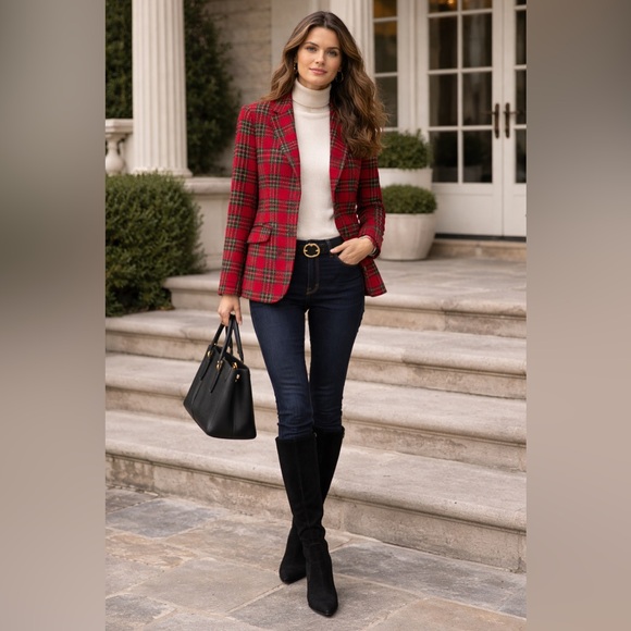 Talbots Jackets & Blazers - Talbots 12 Red Tartan Plaid Wool Blend Blazer Jacket